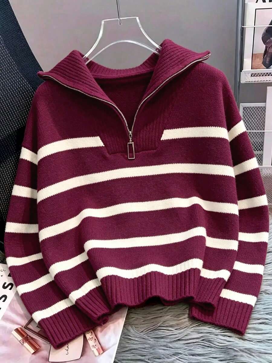 Bernina Striped Half Zip Collared Knit Sweater - Burgundy