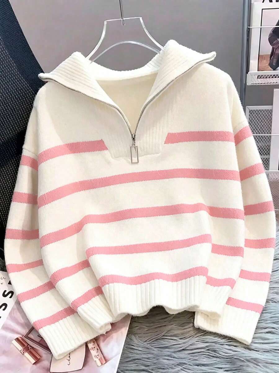 Bernina Striped Half Zip Collared Knit Sweater - Baby Pink