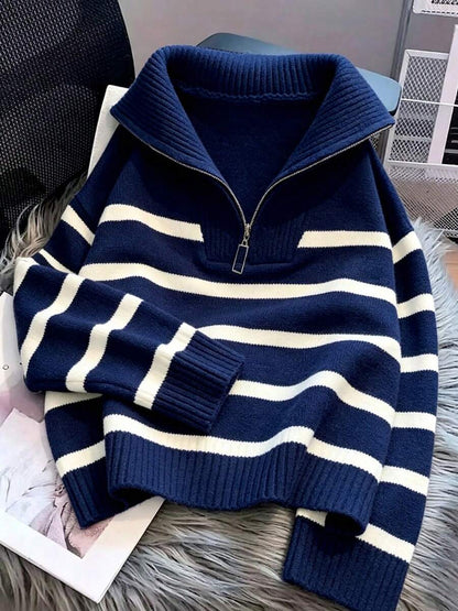 Bernina Striped Half Zip Collared Knit Sweater