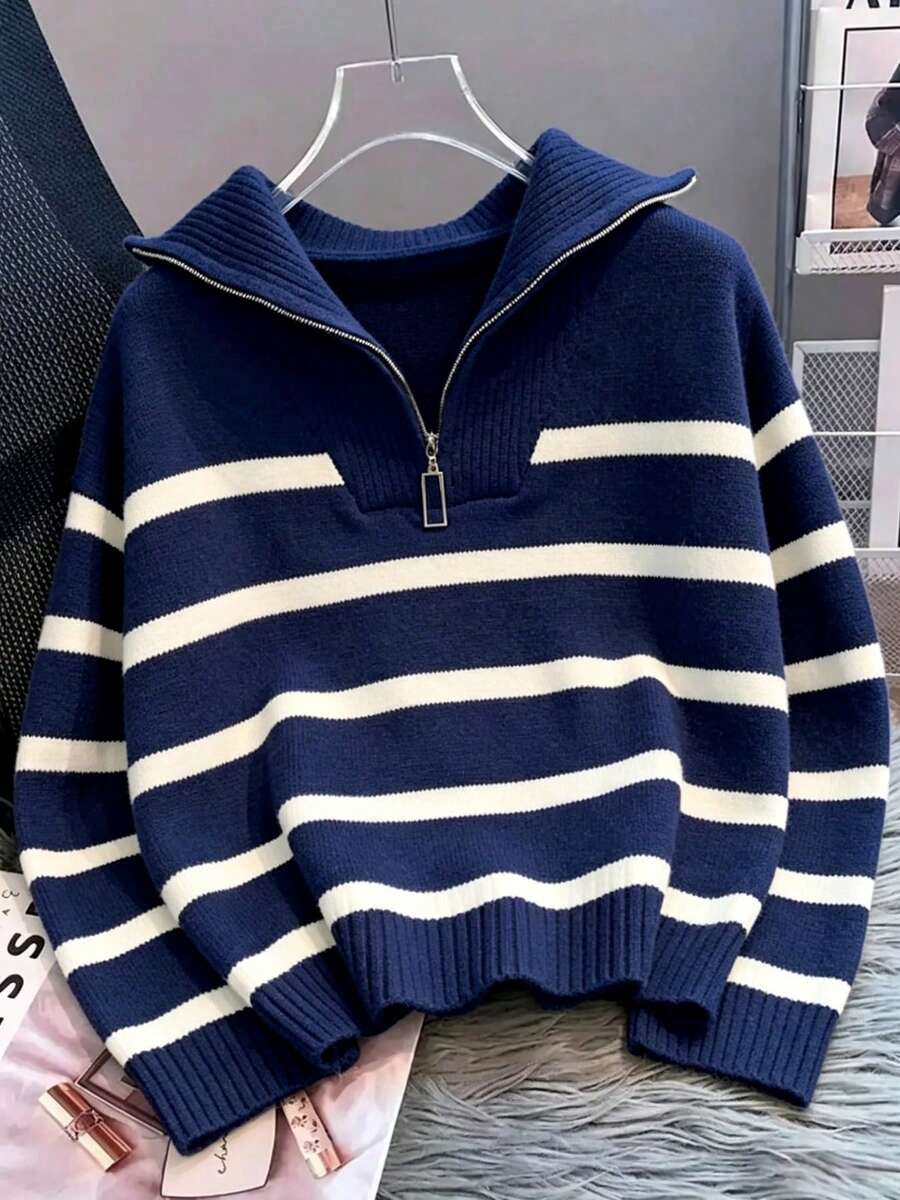 Bernina Striped Half Zip Collared Knit Sweater - Royal Blue