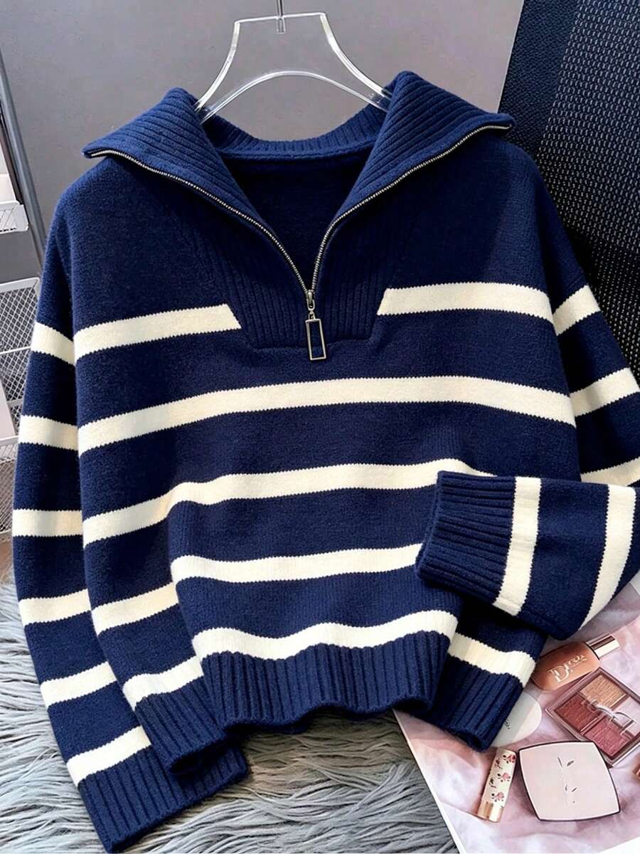 Bernina Striped Half Zip Collared Knit Sweater