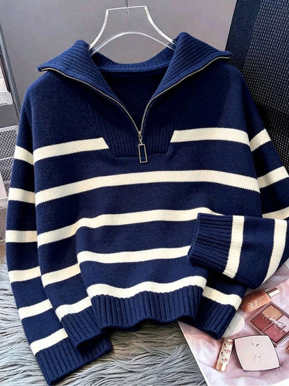 Bernina Striped Half Zip Collared Knit Sweater
