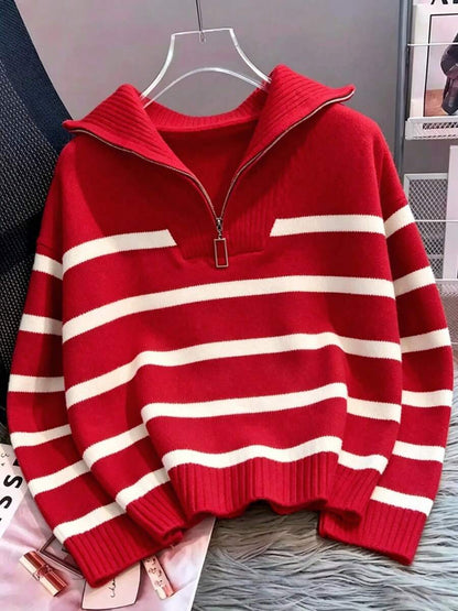 Bernina Striped Half Zip Collared Knit Sweater - Red