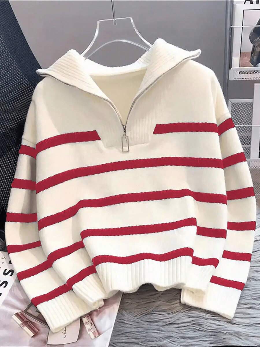 Bernina Striped Half Zip Collared Knit Sweater - Red and White