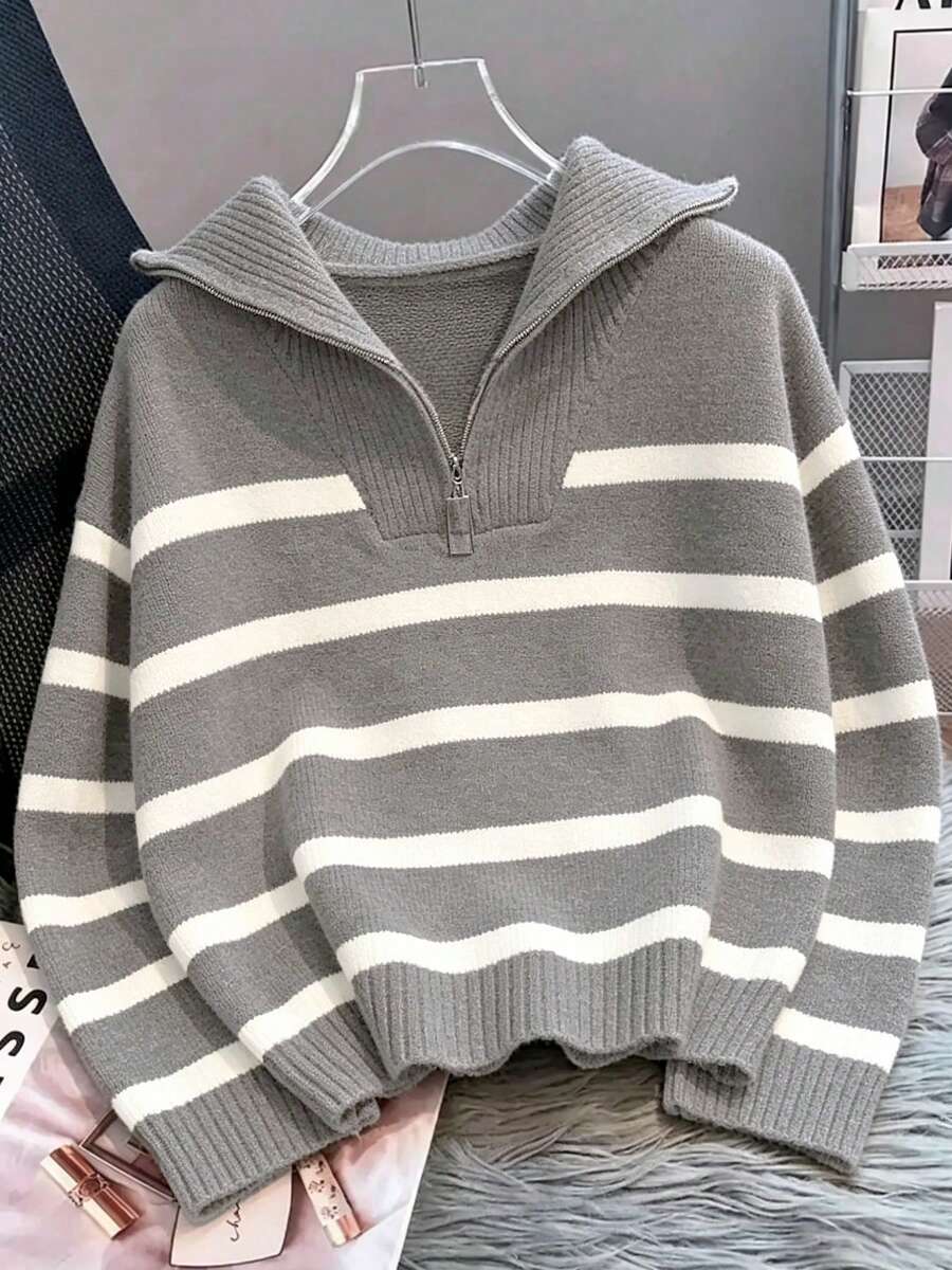 Bernina Striped Half Zip Collared Knit Sweater - Grey