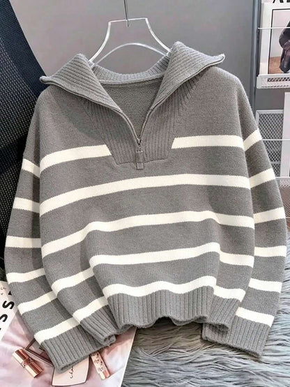 Bernina Striped Half Zip Collared Knit Sweater - Grey