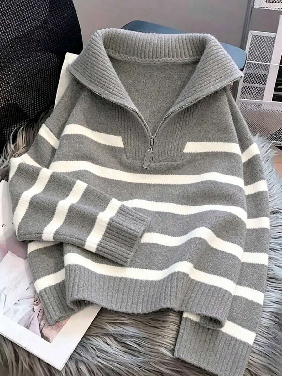 Bernina Striped Half Zip Collared Knit Sweater