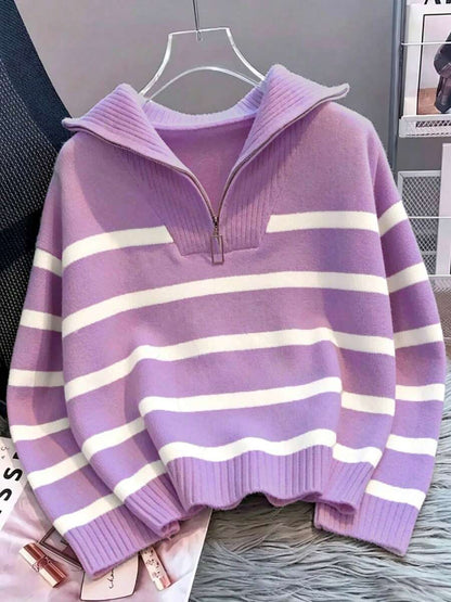 Bernina Striped Half Zip Collared Knit Sweater - Purple