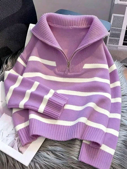 Bernina Striped Half Zip Collared Knit Sweater