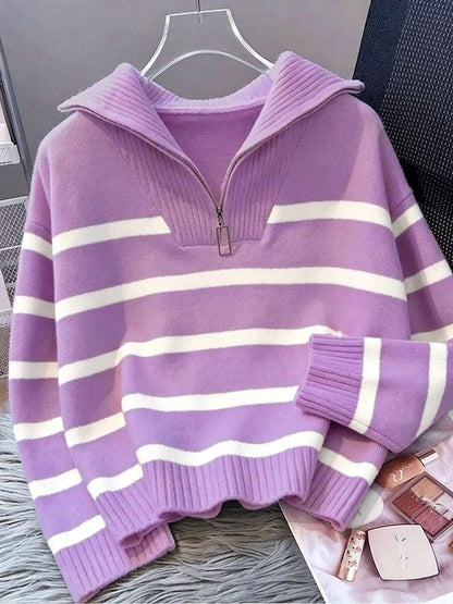 Bernina Striped Half Zip Collared Knit Sweater