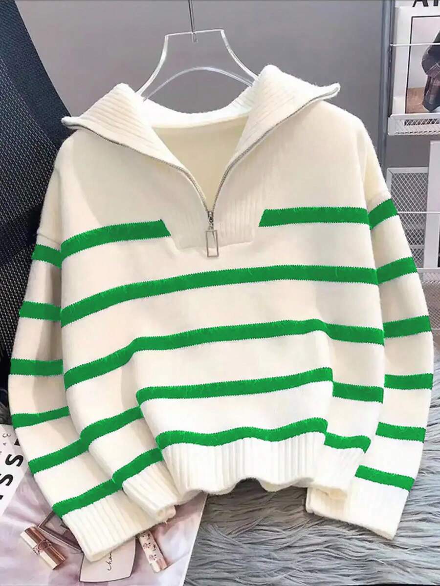 Bernina Striped Half Zip Collared Knit Sweater - Green