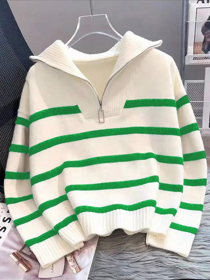 Bernina Striped Half Zip Collared Knit Sweater - Green