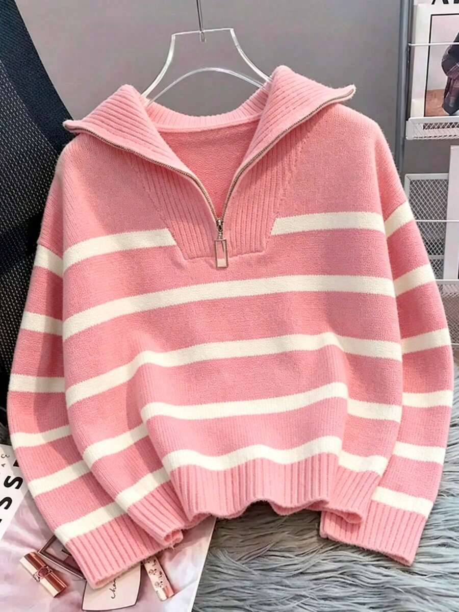 Bernina Striped Half Zip Collared Knit Sweater - Pink