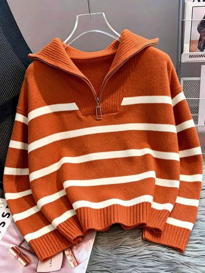 Bernina Striped Half Zip Collared Knit Sweater - Orange