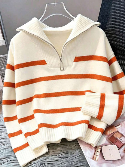Bernina Striped Half Zip Collared Knit Sweater