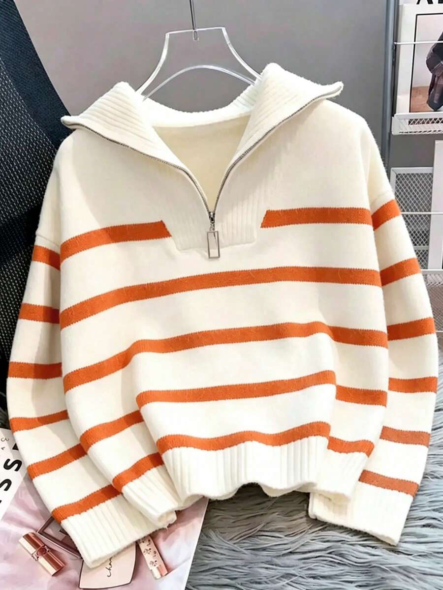 Bernina Striped Half Zip Collared Knit Sweater - Burnt Orange