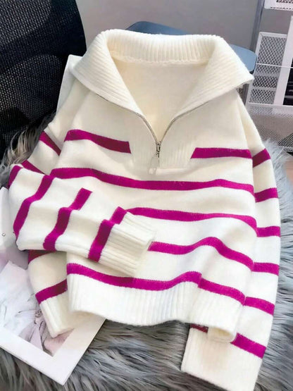 Bernina Striped Half Zip Collared Knit Sweater