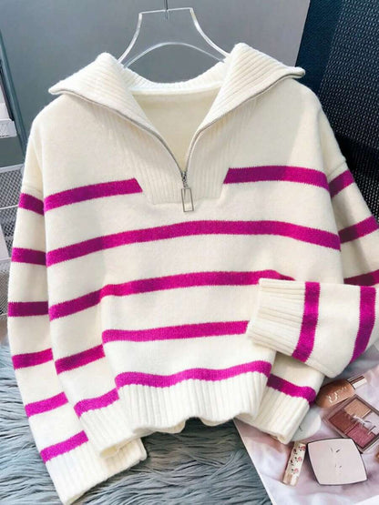Bernina Striped Half Zip Collared Knit Sweater