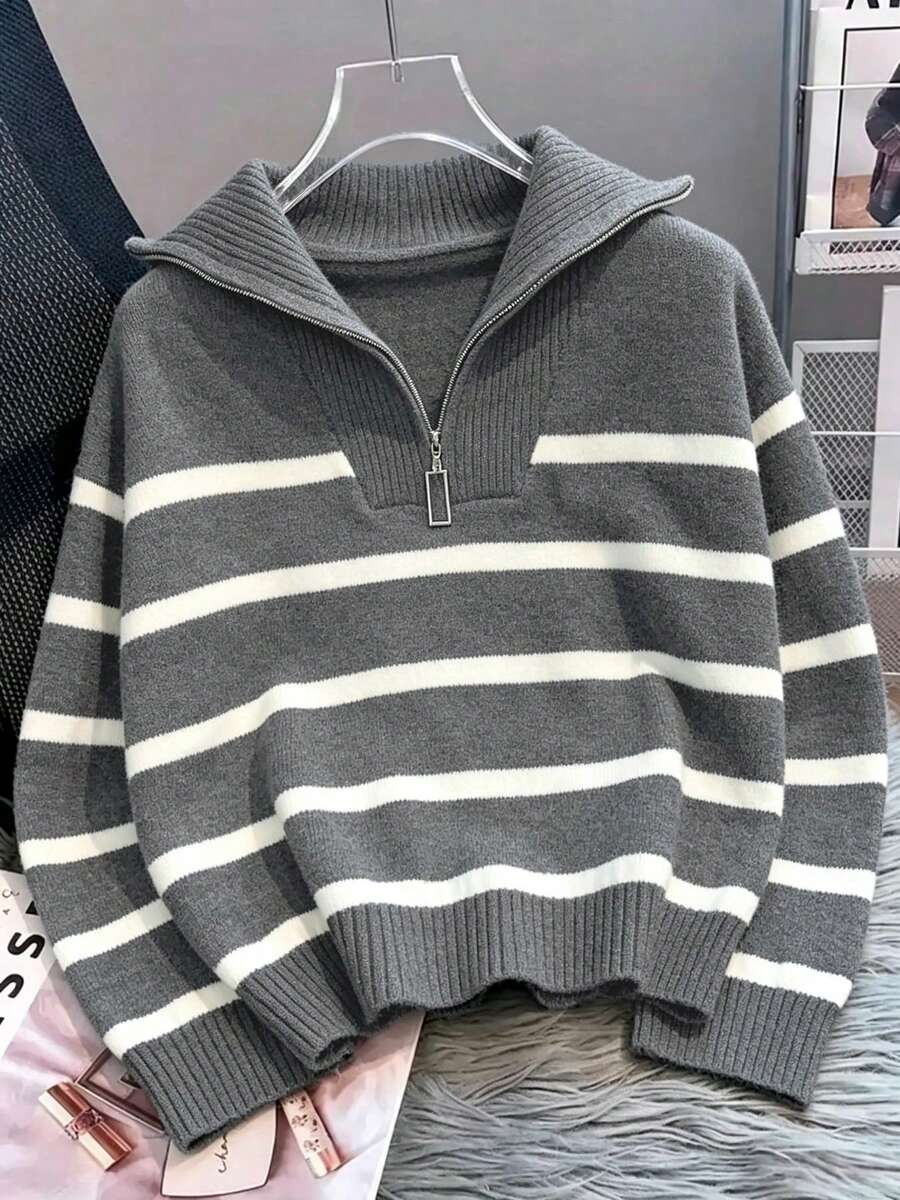 Bernina Striped Half Zip Collared Knit Sweater