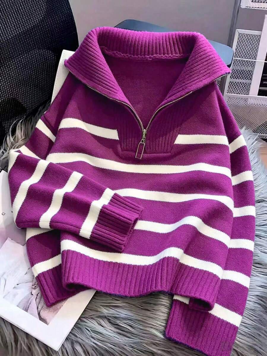 Bernina Striped Half Zip Collared Knit Sweater