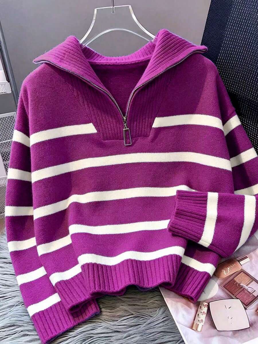 Bernina Striped Half Zip Collared Knit Sweater