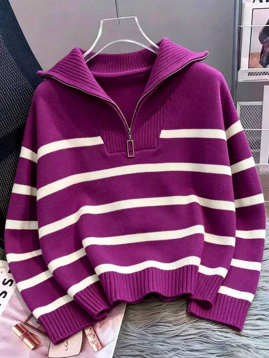 Bernina Striped Half Zip Collared Knit Sweater