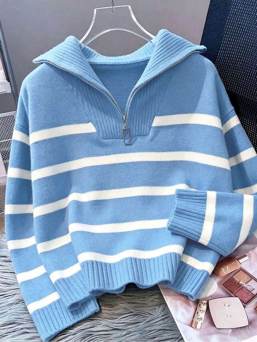 Bernina Striped Half Zip Collared Knit Sweater
