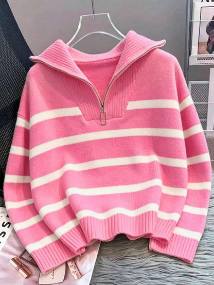 Bernina Striped Half Zip Collared Knit Sweater