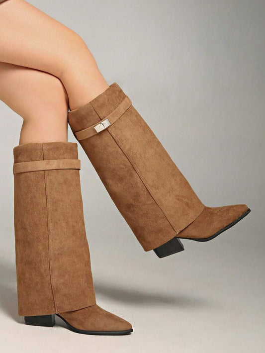 Western Style Holiday High Heel Retro Brown Maillard Mid-Calf Boots For Women, Knee-High Boots, Fall, Winter, Party Mensa
