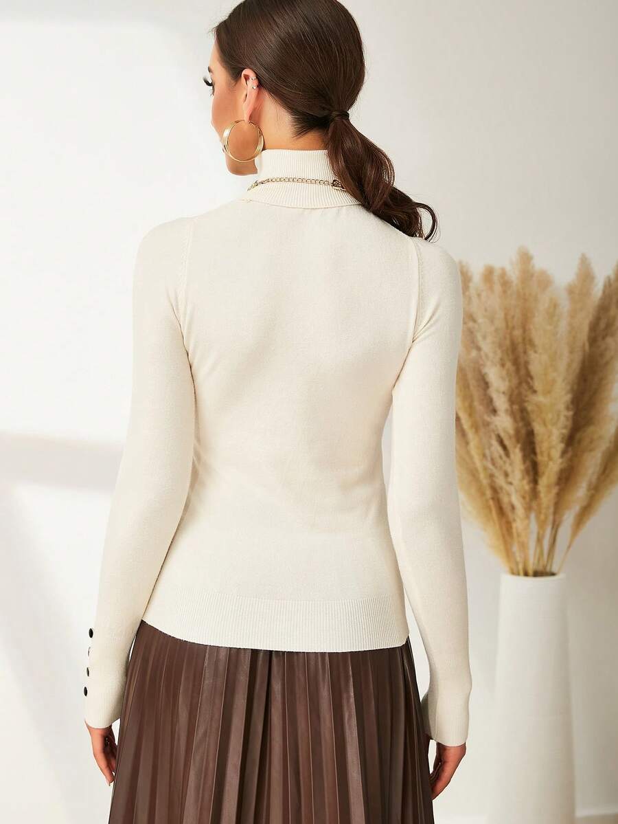 Leuven Ribbed Mock Neck Fitted Sweater with Button Cuffs