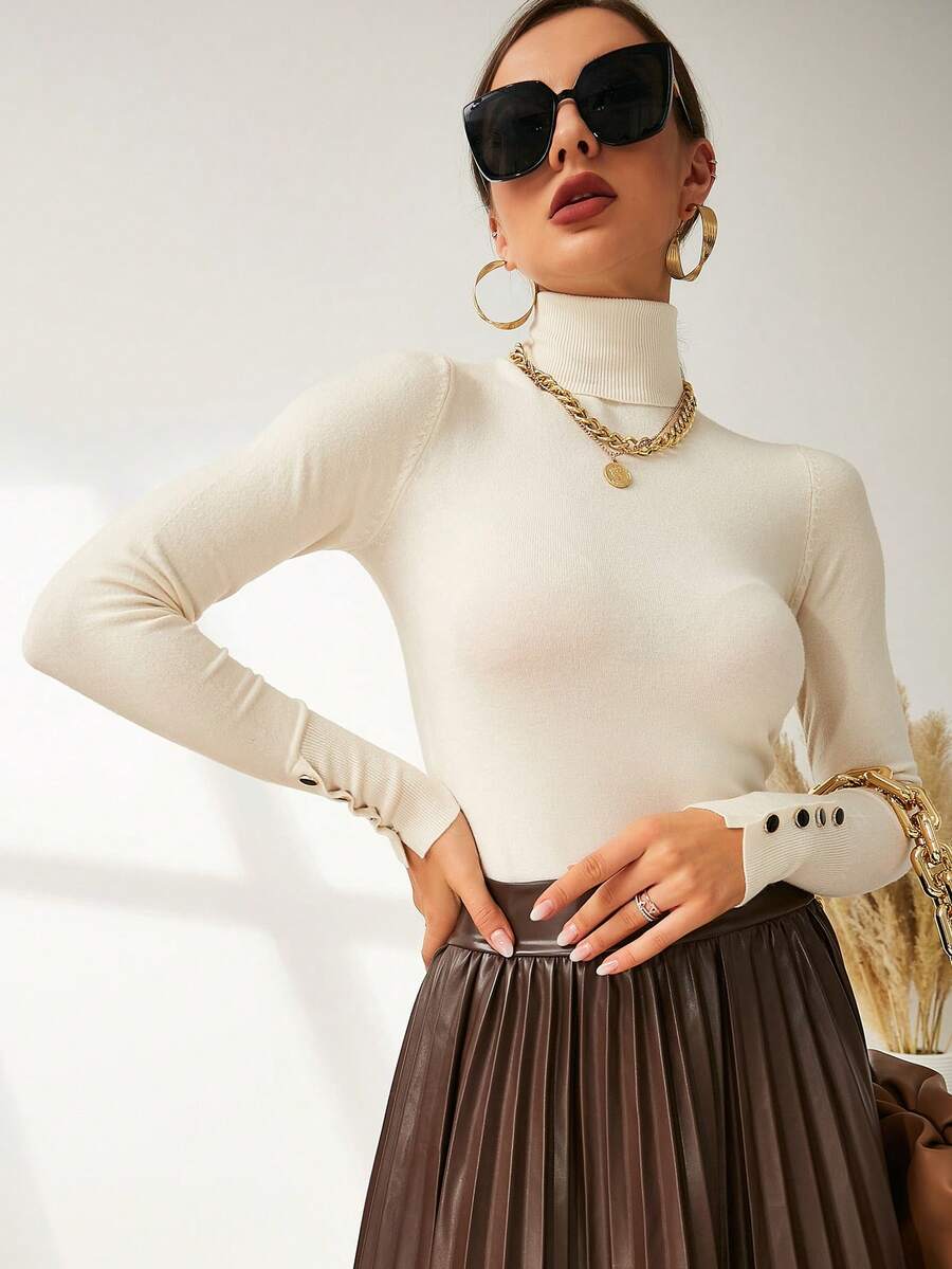 Leuven Ribbed Mock Neck Fitted Sweater with Button Cuffs