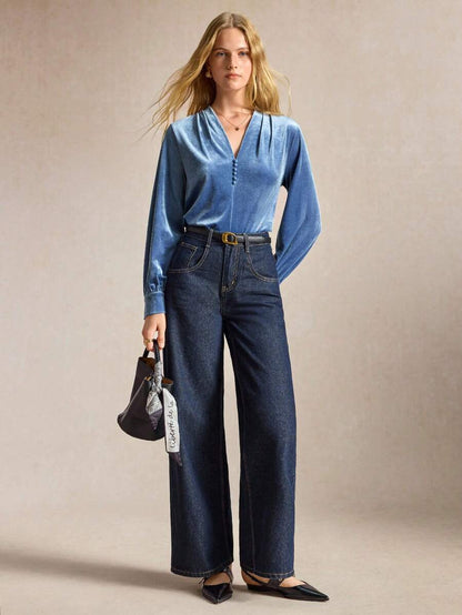 Seraphine V-Neck Button Puff Sleeve Textured Satin Blouse - Blue