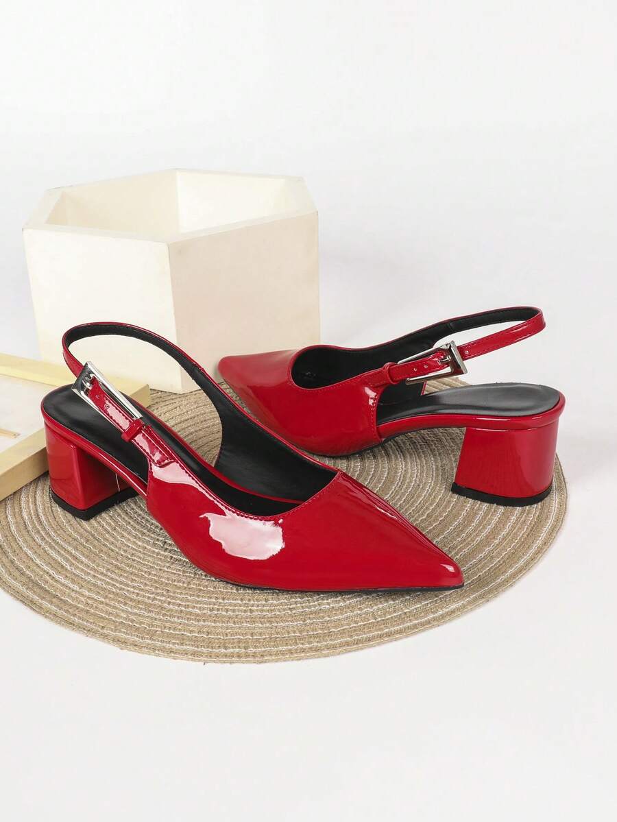 Women's Pointed Toe Slingback Mid Heel Pumps, Glossy Faux Leather Buckle Strap Kitten Heels for Work
