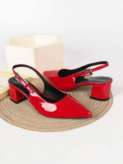 Women's Pointed Toe Slingback Mid Heel Pumps, Glossy Faux Leather Buckle Strap Kitten Heels for Work