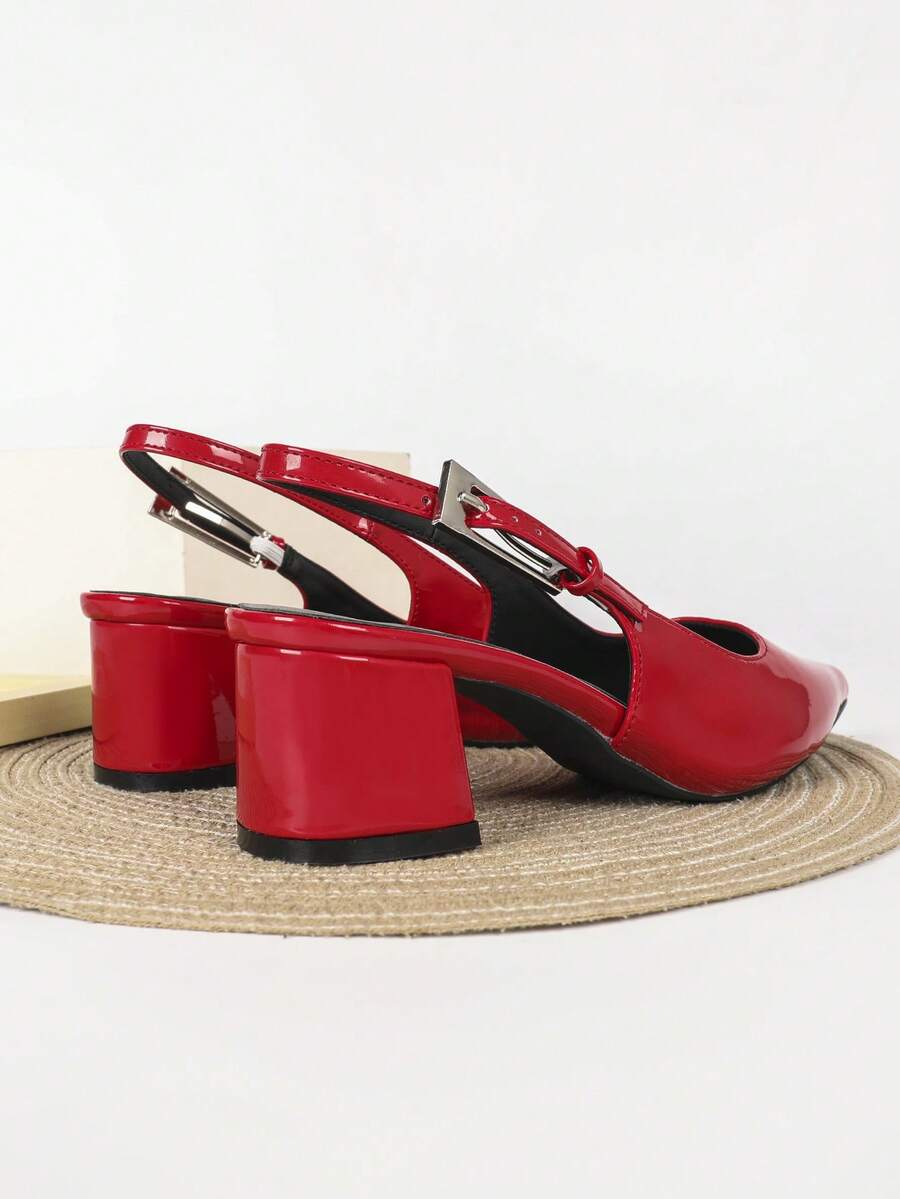 Women's Pointed Toe Slingback Mid Heel Pumps, Glossy Faux Leather Buckle Strap Kitten Heels for Work