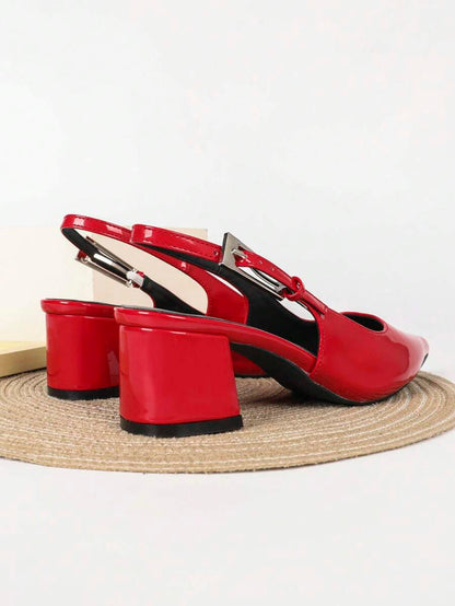 Women's Pointed Toe Slingback Mid Heel Pumps, Glossy Faux Leather Buckle Strap Kitten Heels for Work