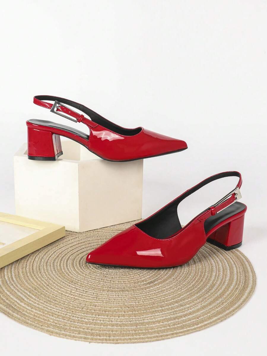 Women's Pointed Toe Slingback Mid Heel Pumps, Glossy Faux Leather Buckle Strap Kitten Heels for Work