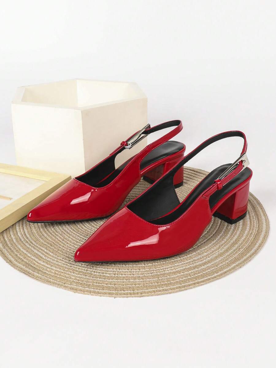 Women's Pointed Toe Slingback Mid Heel Pumps, Glossy Faux Leather Buckle Strap Kitten Heels for Work
