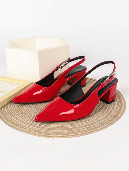Women's Pointed Toe Slingback Mid Heel Pumps, Glossy Faux Leather Buckle Strap Kitten Heels for Work