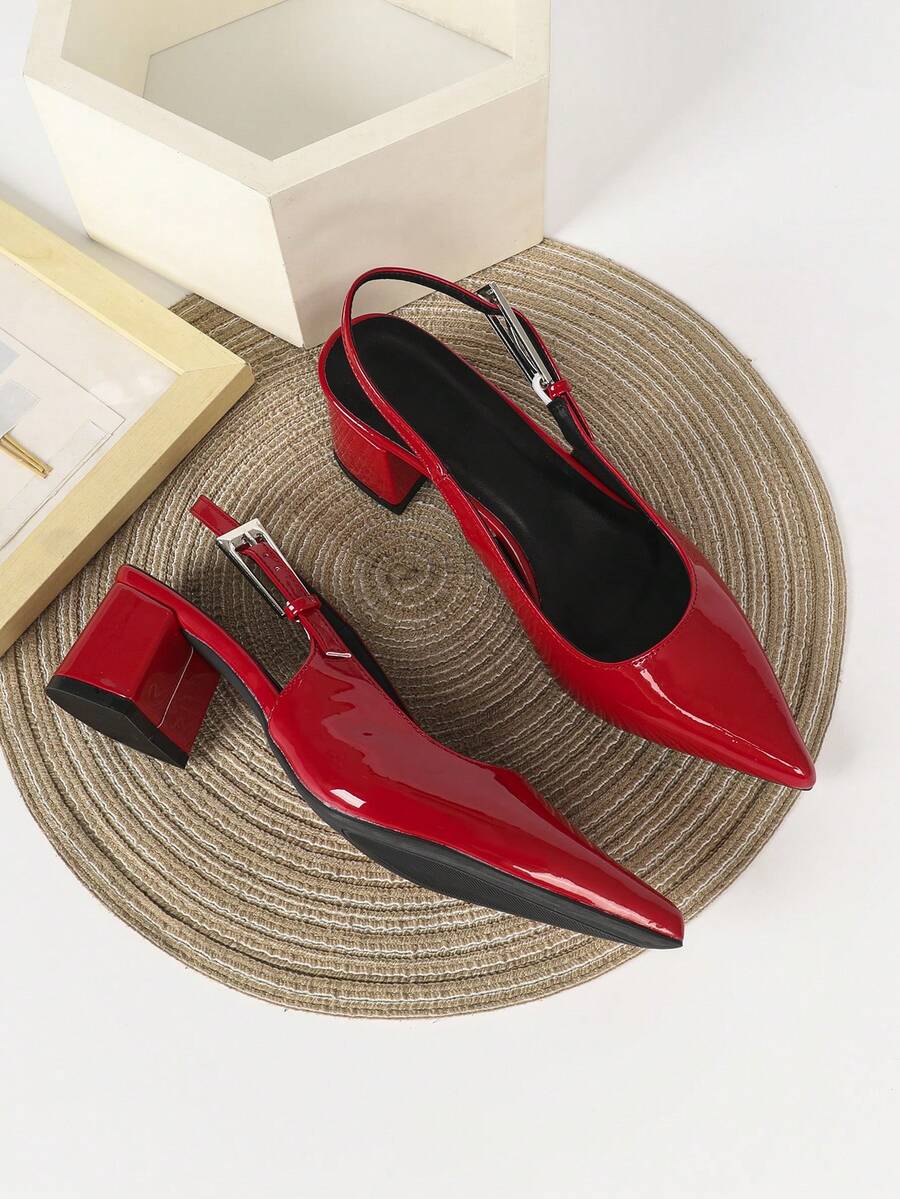 Women's Pointed Toe Slingback Mid Heel Pumps, Glossy Faux Leather Buckle Strap Kitten Heels for Work - Red