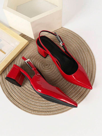 Women's Pointed Toe Slingback Mid Heel Pumps, Glossy Faux Leather Buckle Strap Kitten Heels for Work - Red
