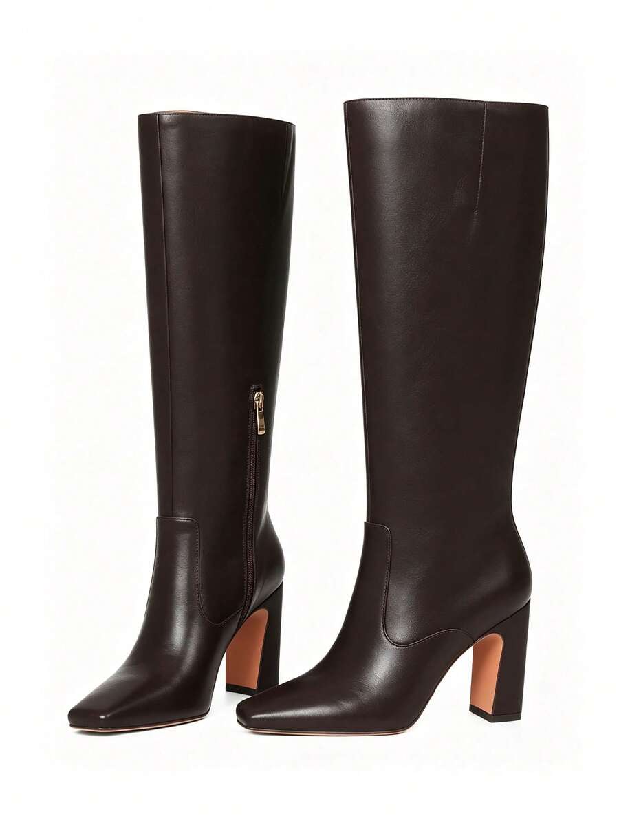 Women's Solid Knee High Boots Fashion Square Toe Block Chunky High Heels Side Zipper Party Dress Sexy Fall Boots Woman Mensa