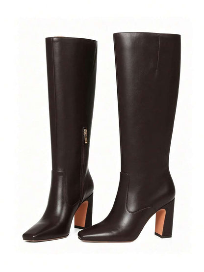 Women's Solid Knee High Boots Fashion Square Toe Block Chunky High Heels Side Zipper Party Dress Sexy Fall Boots Woman Mensa