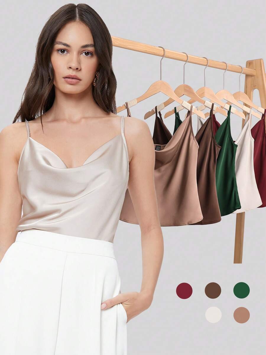 Rosemary Draped Cowl Neck Satin Cami Top with Spaghetti Straps - Beige