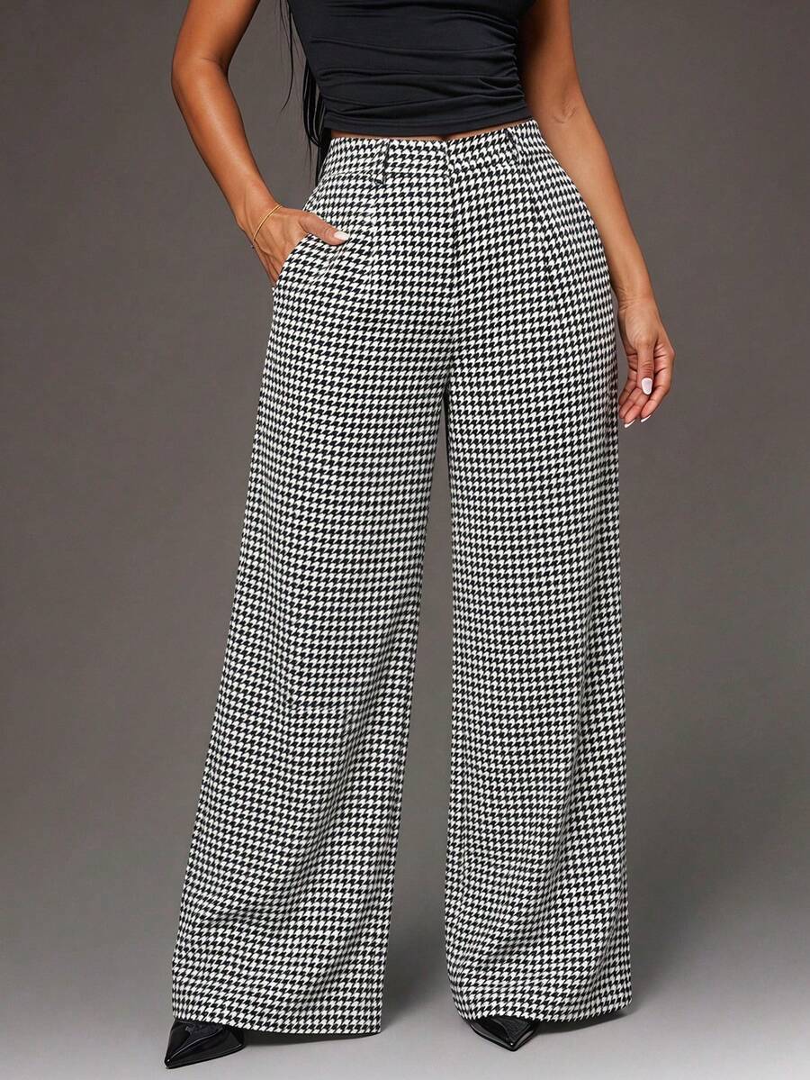 Theodora High Waist Pleated Oversized Wide Leg Suit Trousers - Houndstooth