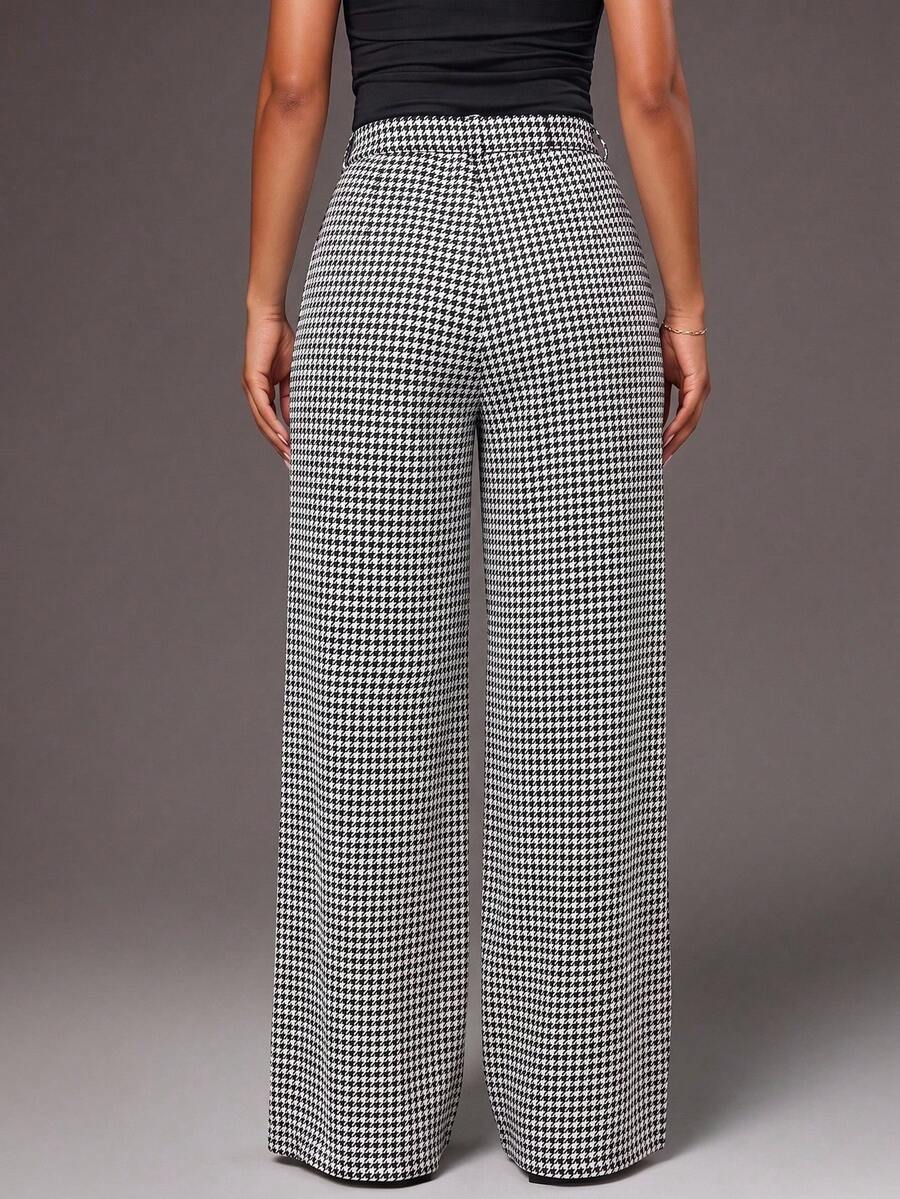 Theodora High Waist Pleated Oversized Wide Leg Suit Trousers - Houndstooth