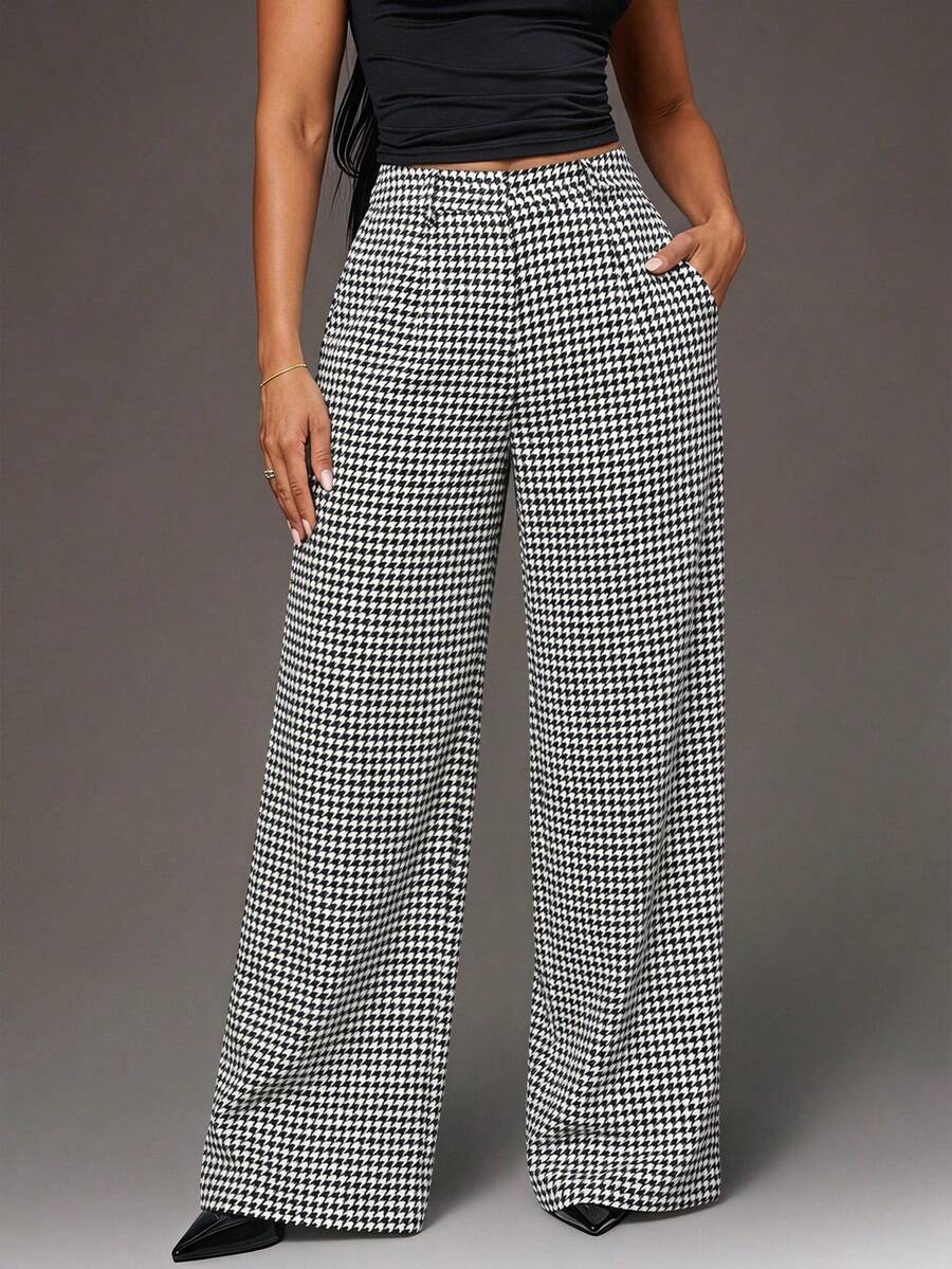 Theodora High Waist Pleated Oversized Wide Leg Suit Trousers - Houndstooth