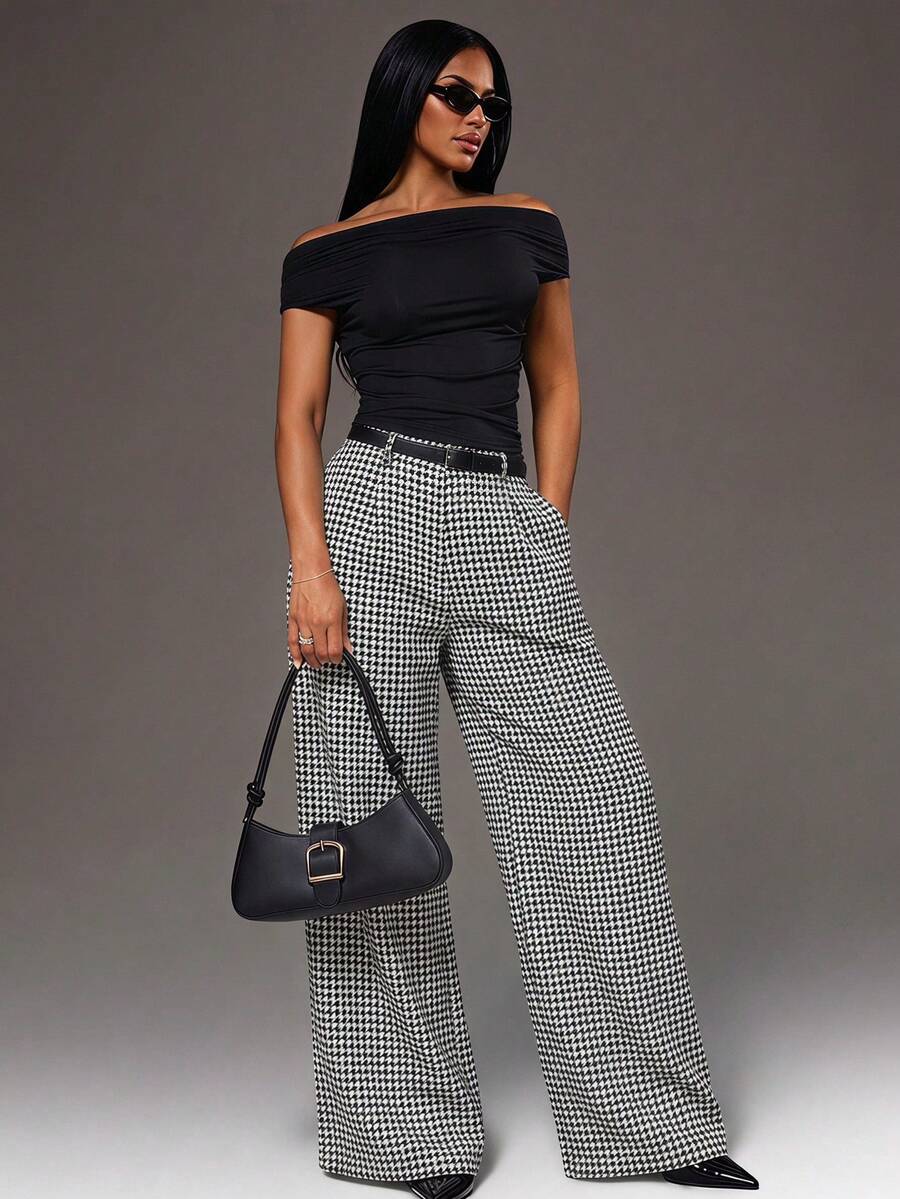 Theodora High Waist Pleated Oversized Wide Leg Suit Trousers - Houndstooth