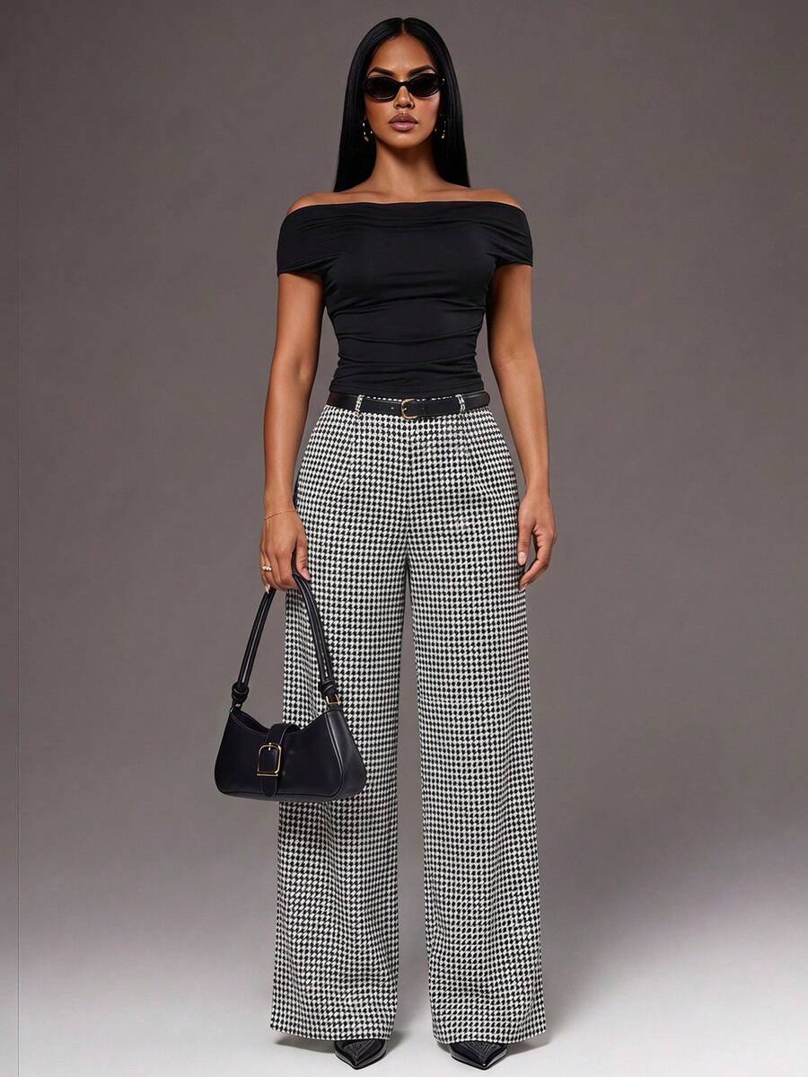 Theodora High Waist Pleated Oversized Wide Leg Suit Trousers - Houndstooth