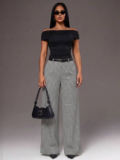 Theodora High Waist Pleated Oversized Wide Leg Suit Trousers - Houndstooth